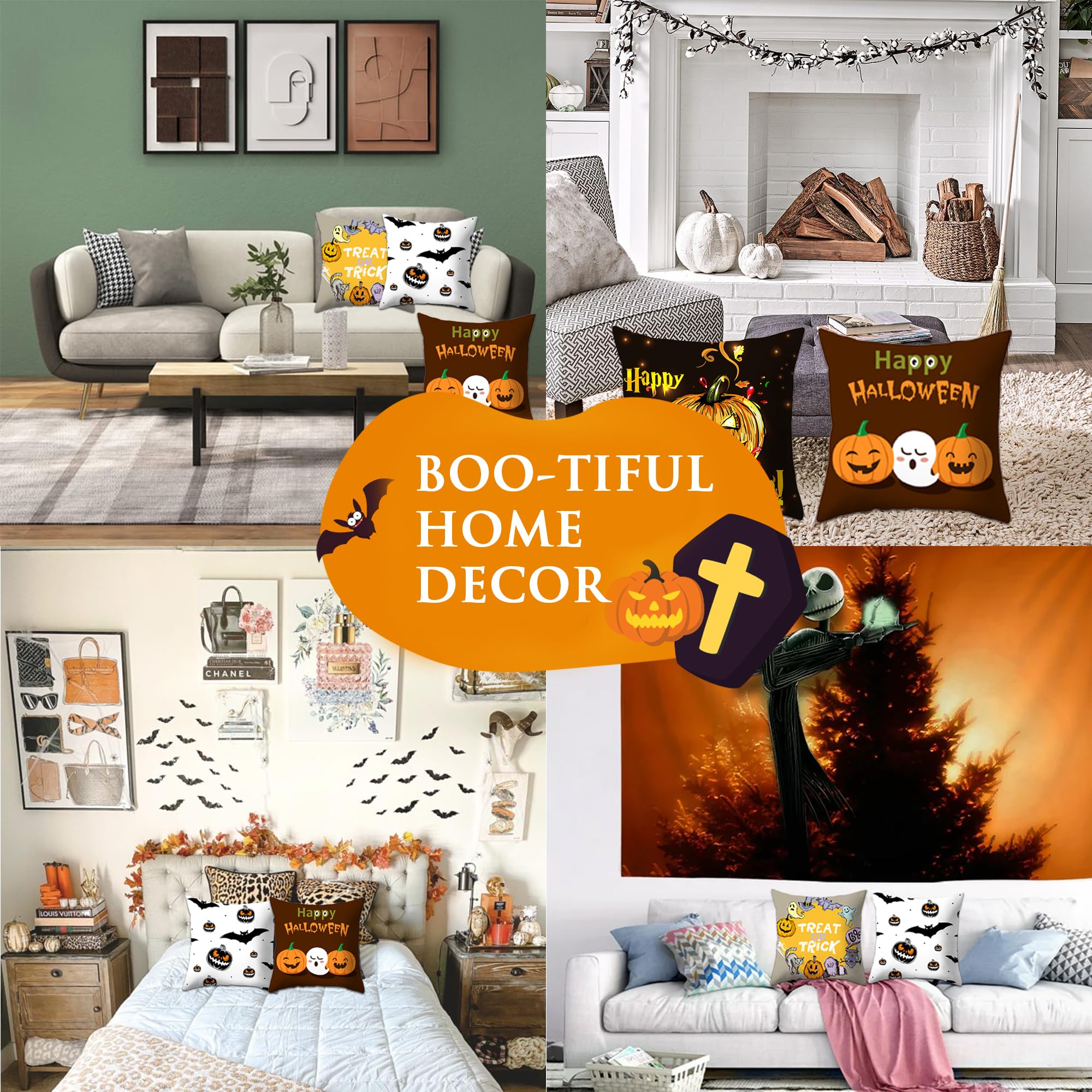 Süße Halloween-Kissenbezüge Mit Hochlandkuh & Fledermaus – 2er Set Für Sofa & Deko