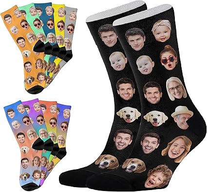 Custom Socks with FACE PHOTOS TEXT Made in USA, Personalized Funny Gifts for Birthday Christmas Wedding