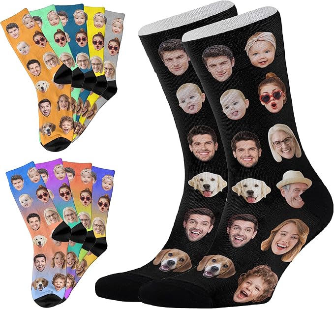 Custom Socks with FACE PHOTOS TEXT Made in USA, Personalized Funny Gifts for Birthday Christmas Wedding