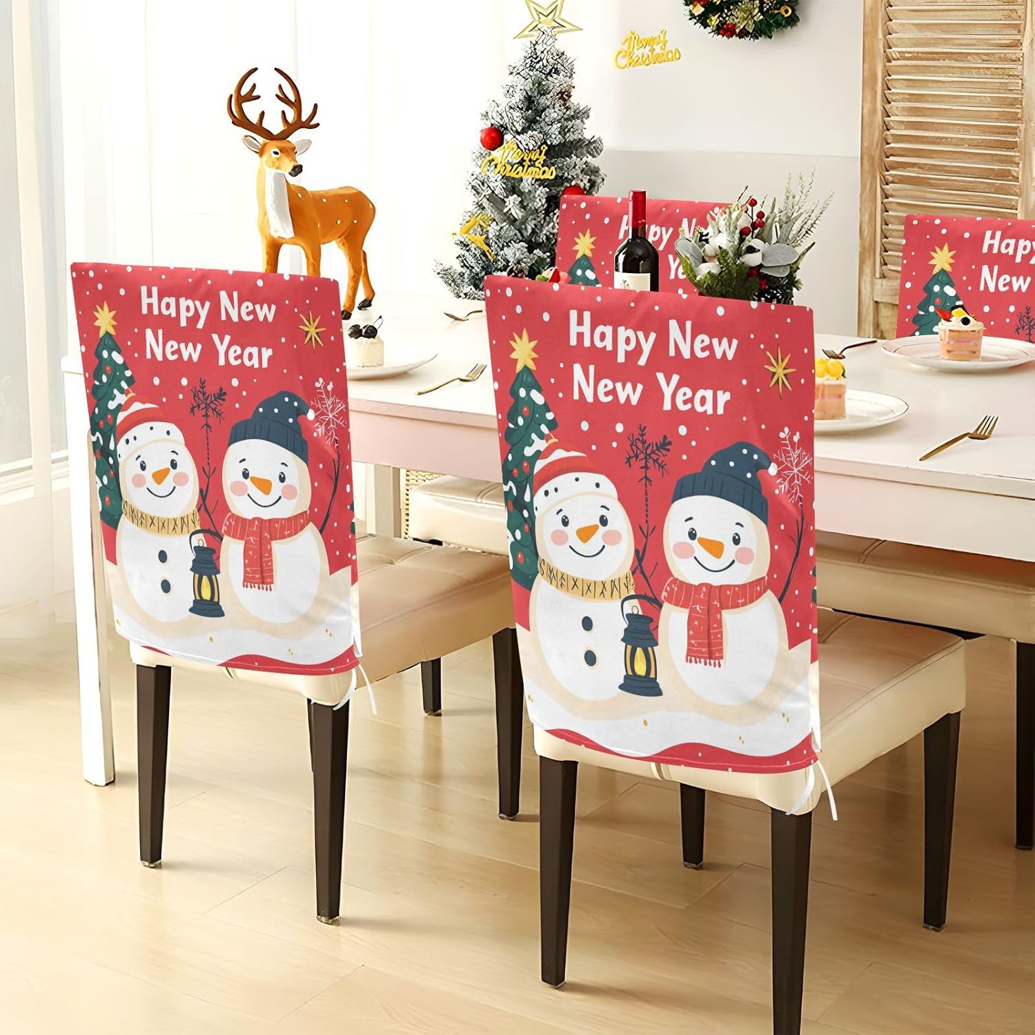 MNSRUU Christmas Chair Back Cover for Dining Room,Snowman Chair Slipcovers Set of 6,Snowman Chair Cover for Kitchen Hotel Holiday Party Decor,28