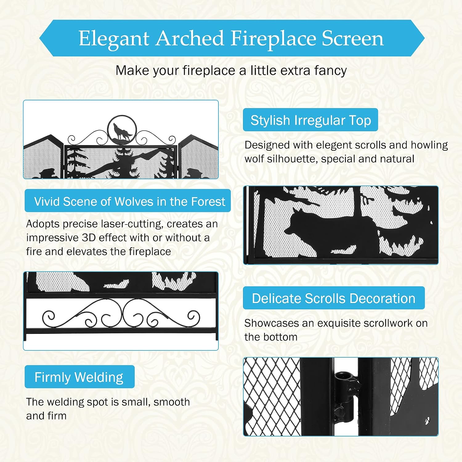IRONWALLS Fireplace Screens Decorative, 44” (L) x 34”(H) 3-Panel Folding Fireplace Screen Black with Wolf Pattern, Free Standing Metal Fireplace Gate Fence Spark Guard for Baby Pet Safety