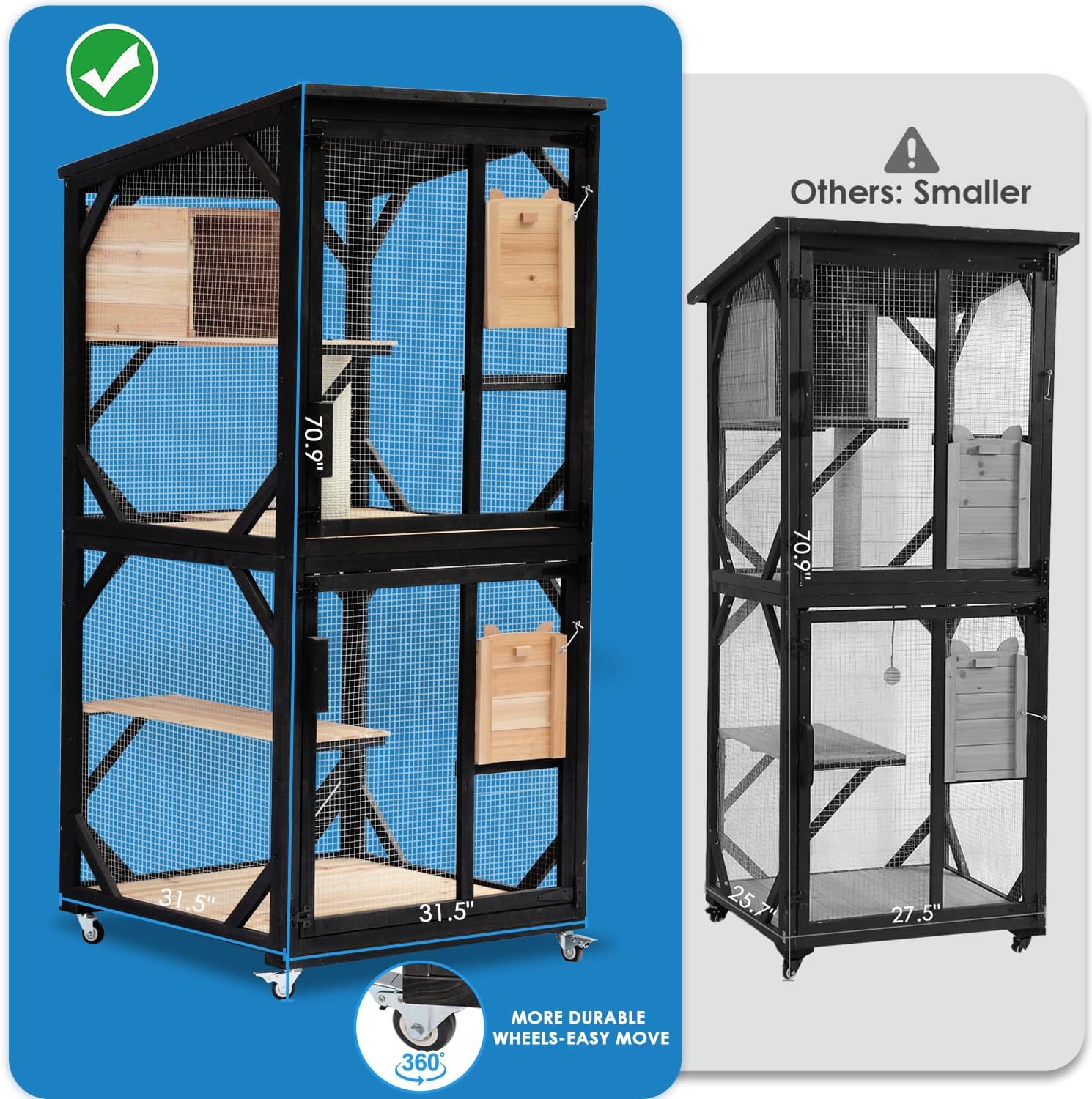 4 Tiers 70.9" H Cat Catio Cat House Outdoor Enclosure Window Large Outside Patio with Removable Floor, Scratching Post Sisal Ball 4 Wheels Waterproof Roof