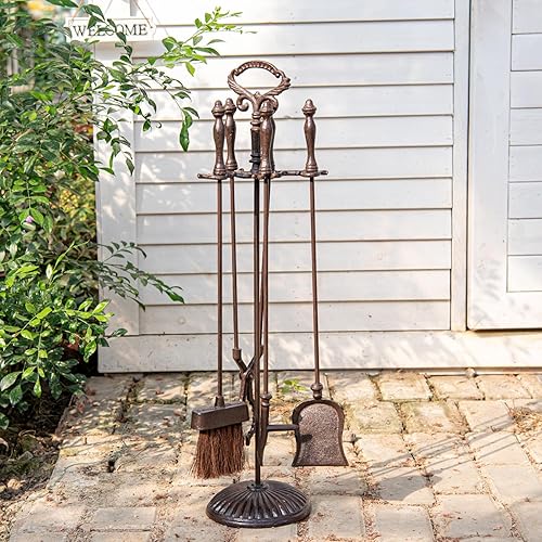 Miniatura 3 de Sungmor Juego de 5 herramientas para chimenea de hierro forjado, accesorios rústicos para chimenea, incluye pinzas, pala, póker, cepillo y soporte,