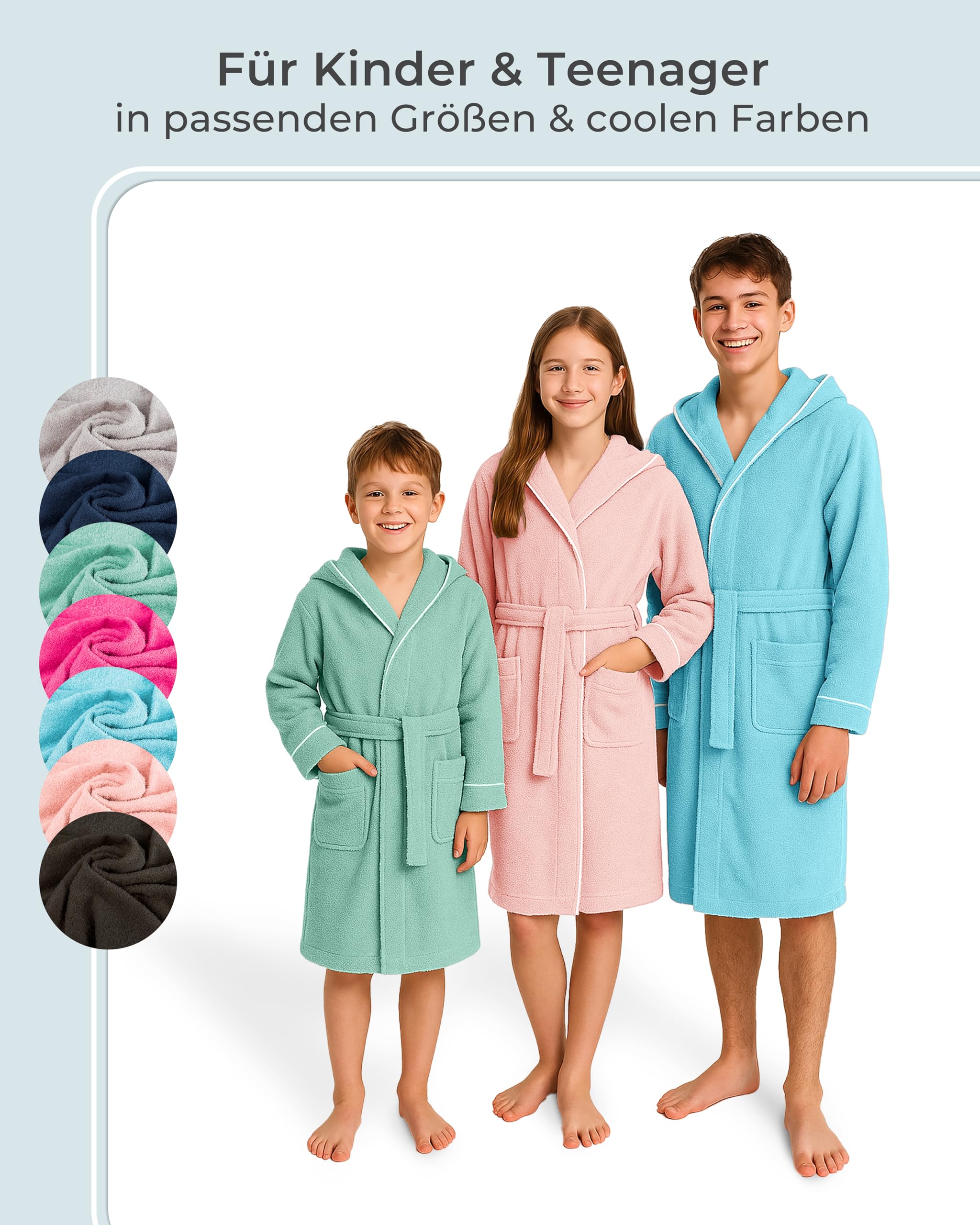 LAYNENBURG Premium Bademantel Kinder & Teenager mit Kapuze - 100% Baumwolle - OEKO TEX Standard 100 - flauschiges Frottee - Größen 110 bis 176