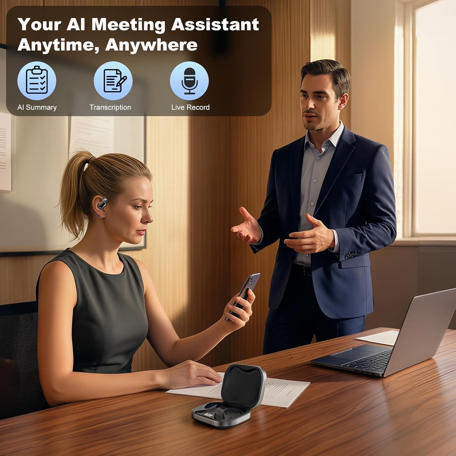 AI Translation Earbuds, Real-Time Two-Way Language Translator for Calls, Video & Media, AI Meeting Assistant with Transcribe & Summarize for Business, Learning, Travel with AI Assistant
