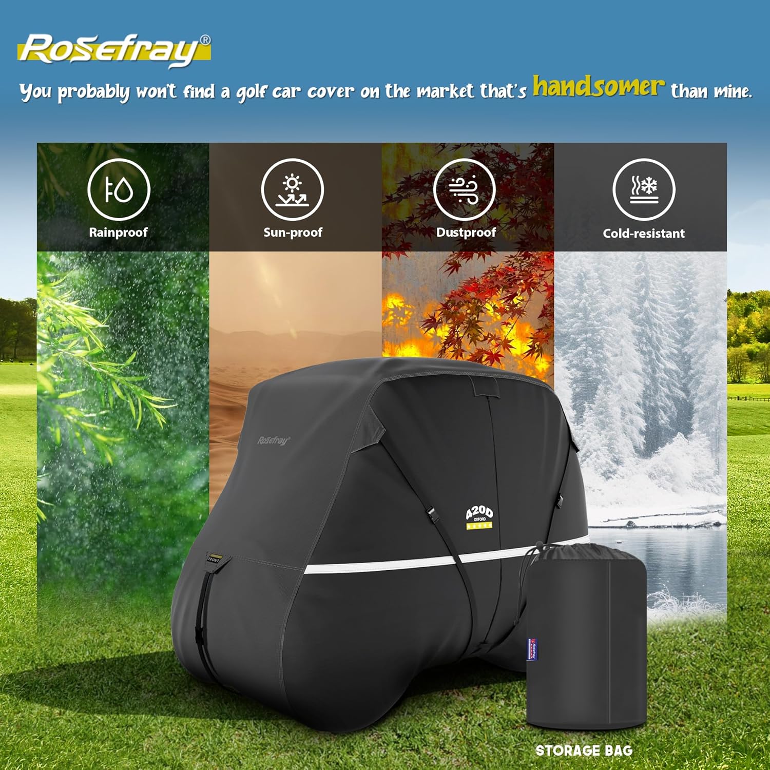 Rosefray Golf Cart Cover – Heavy-Duty 420D Oxford Fabric, Waterproof & Windproof Design – Fits Club Car, EZGO, Yamaha 4/4+2 Passenger Carts Black/Gray