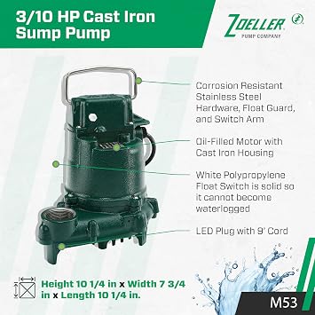 Zoeller - Mighty Mate M53 Sump Pump - 3/10 HP - Cast Iron - LED Power Plug & 9 Cord - Vortex Impeller - Stainless Steel Hardware - Float Operated - Submersible Sump Pump - 115V