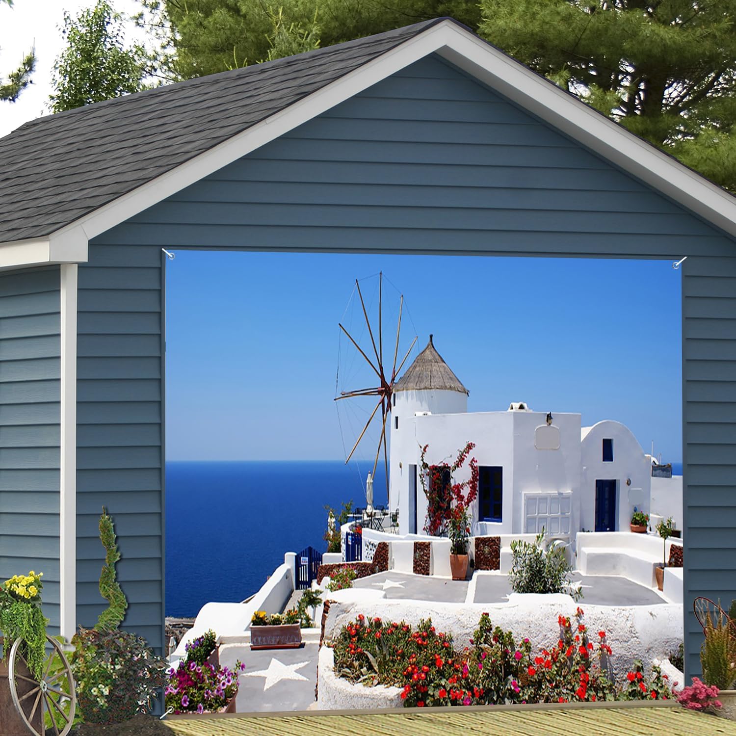 7x8ft Santorini Garage Door Decor Beautiful White Architecture Garden Windmill Blue Coastal View Oceanic Garage Door Cover Indoor Outdoor Mediterranean Inspired Festive Decor