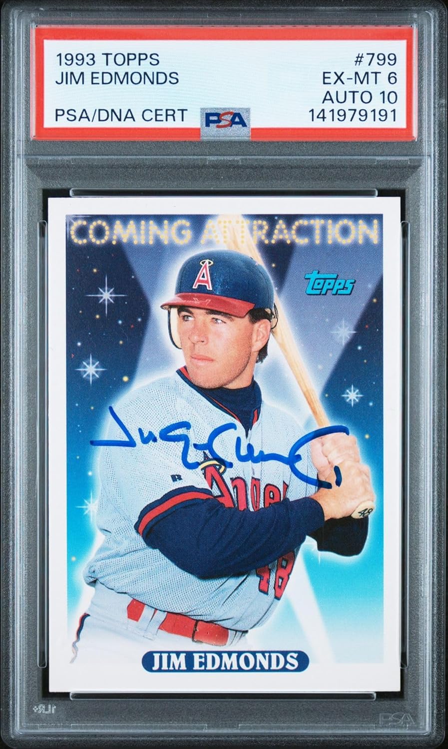 Jim Edmonds 1993 Topps Signed Baseball Rookie Card #799 Graded PSA 6 Auto 10 Cert #141979191