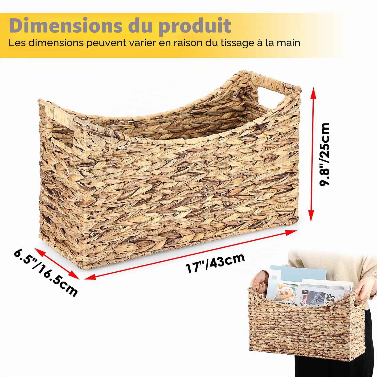 Porte-journaux robuste en jacinthe d'eau, panier de rangement tissé, porte-documents avec poignée, panier en osier pour livres, magazines, papiers comme décoration cadeau, 43 x 16 x 25 cm