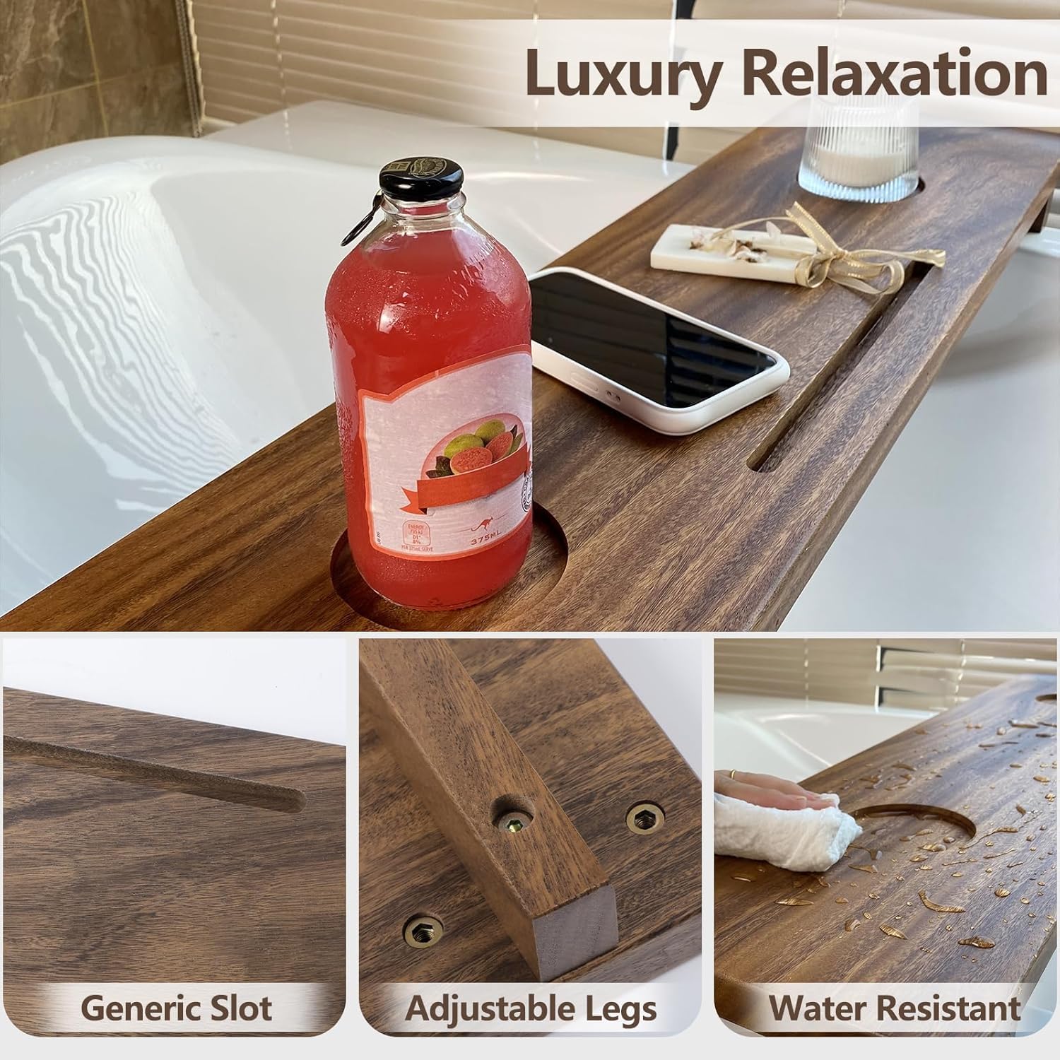 Walnut Bathtub Tray (35"x9"x2.5"), Luxury Bath Tray for Tub | Anti-Tip Adjustable Bathtub Trays for House Warming Gifts