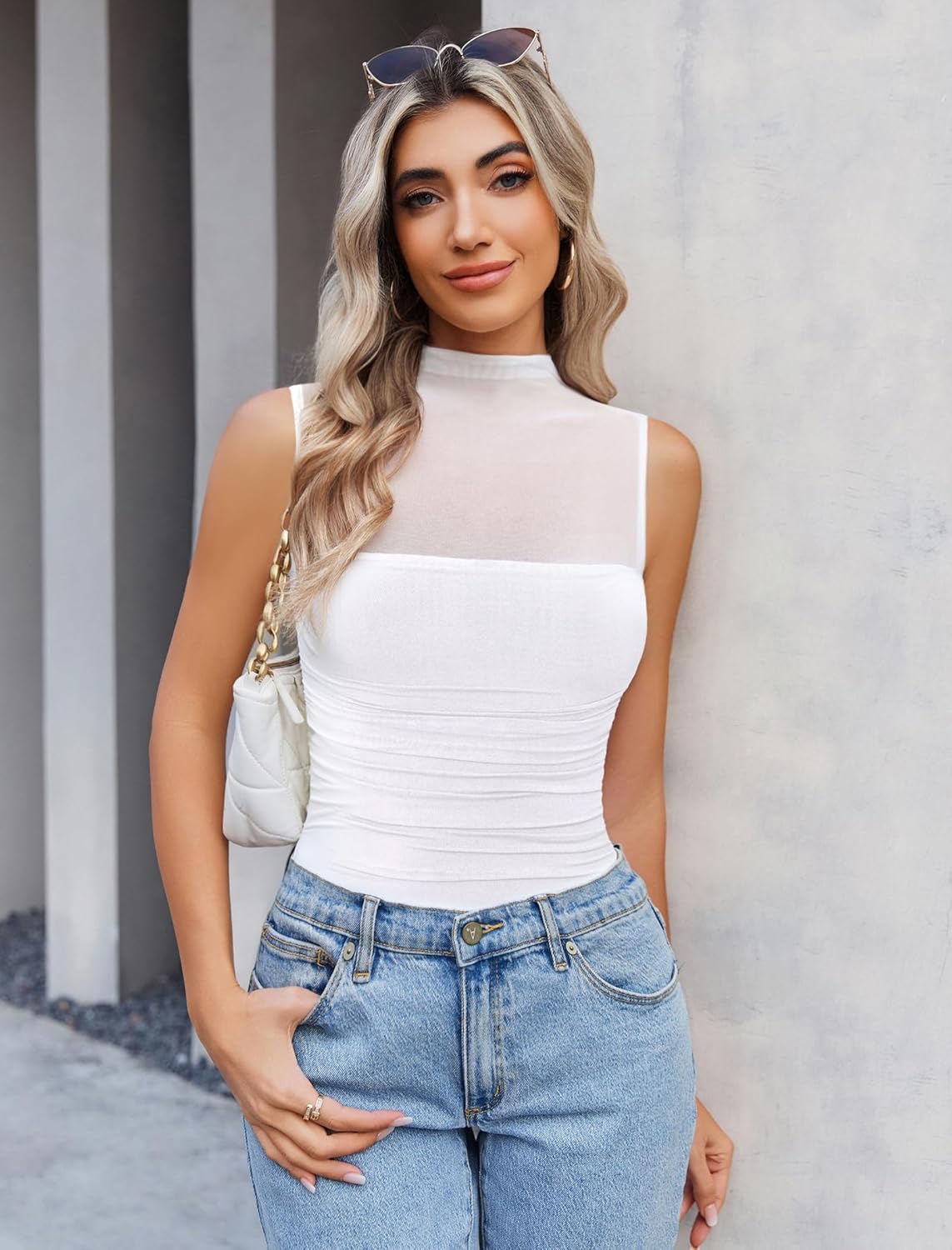 Avidlove Women's Mock Neck Mesh Bodysuit Ruched Tank Body Suits Top Sheer One Piece Going Out Tops Classy Outfits - Image 3