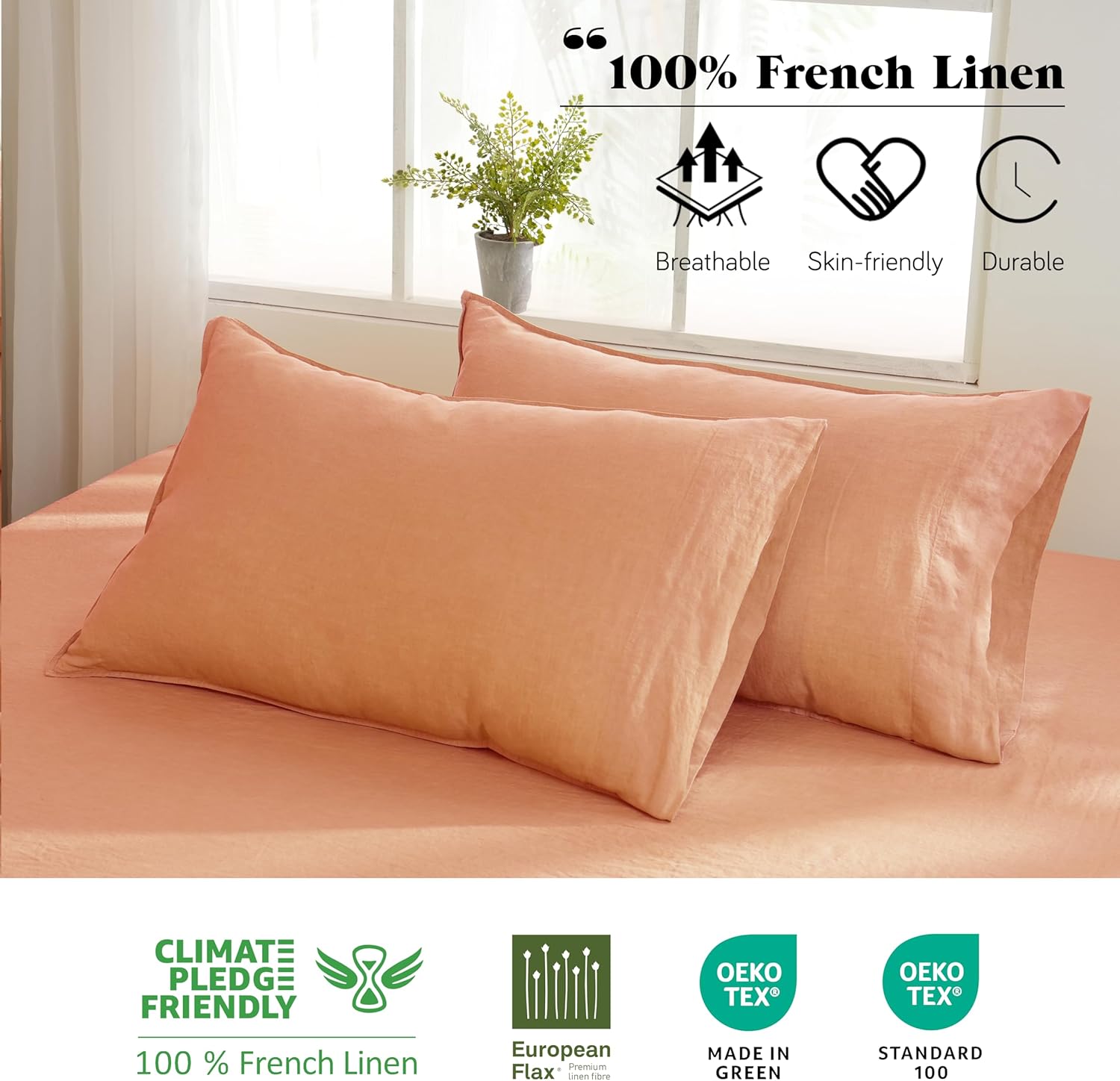 S VICTORY SYMBOL 100% Organic Linen Sheets Set King Size,Natural French Flax Bed Sheets 4 Pieces,Deep Pocket Bedding Set,Breathable and Durable,Peach