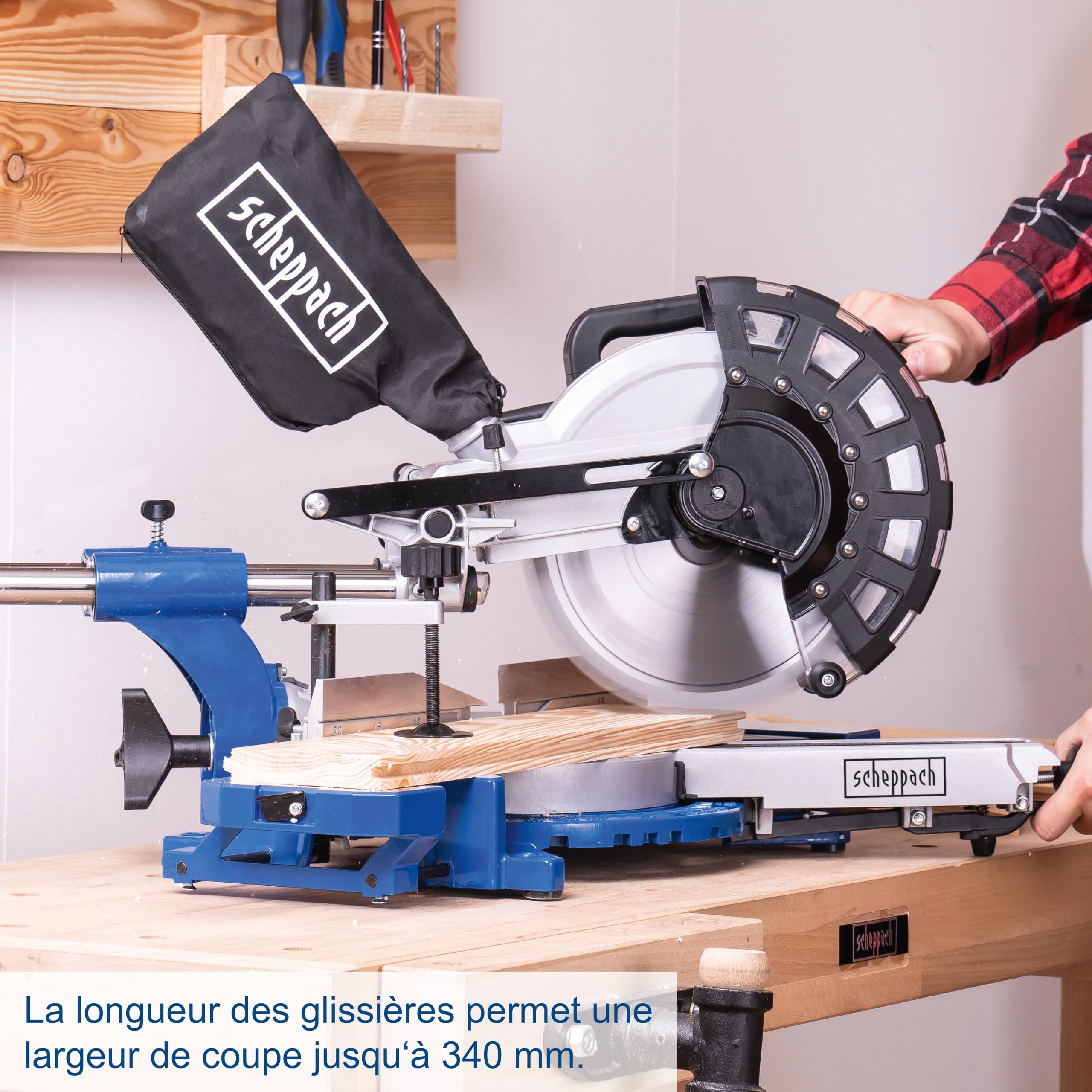 Scheppach Scie à onglets avec démarrage progressif & laser HM254 | 2000W | Lame Ø255mm | Largeur/hauteur de coupe : 340mm x 90mm |Scie radiale | 2ème lame incluse