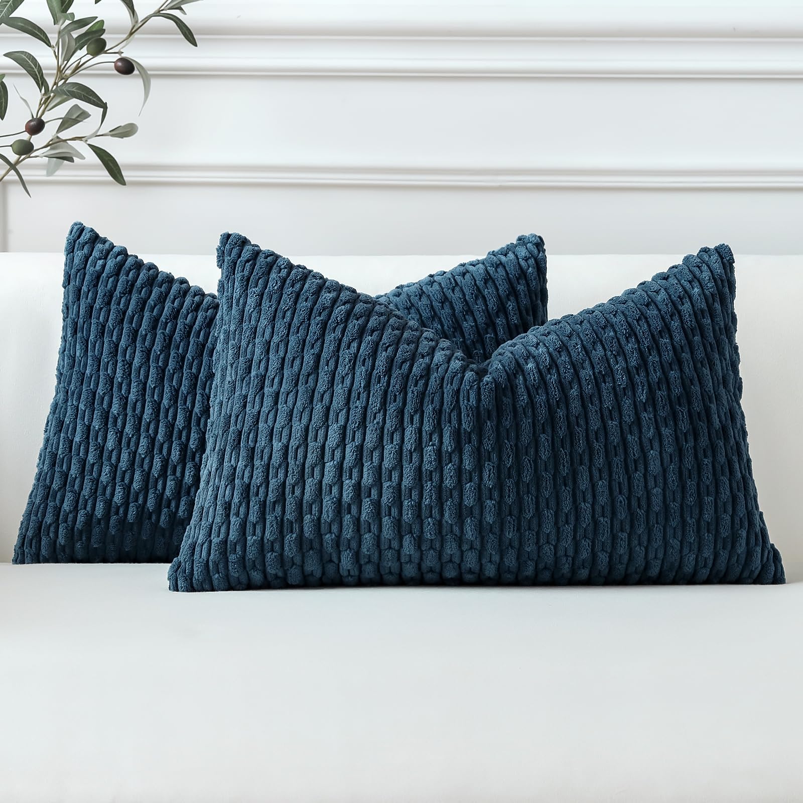 Sungeek Set of 2 Blue Soft Corduroy Decorative Cushion Covers Boho Striped Throw Pillow Covers for Sofa Couch Living Room Patio Farmhouse Home Decor Pillowcases 30x50cm