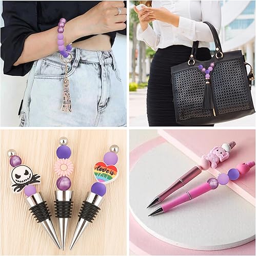 Miniatura 6 de INTATIKOO 60 cuentas de silicona de 0.591 in para hacer llaveros, cuentas redondas suaves para hacer pulseras, collares y cordones (morado)