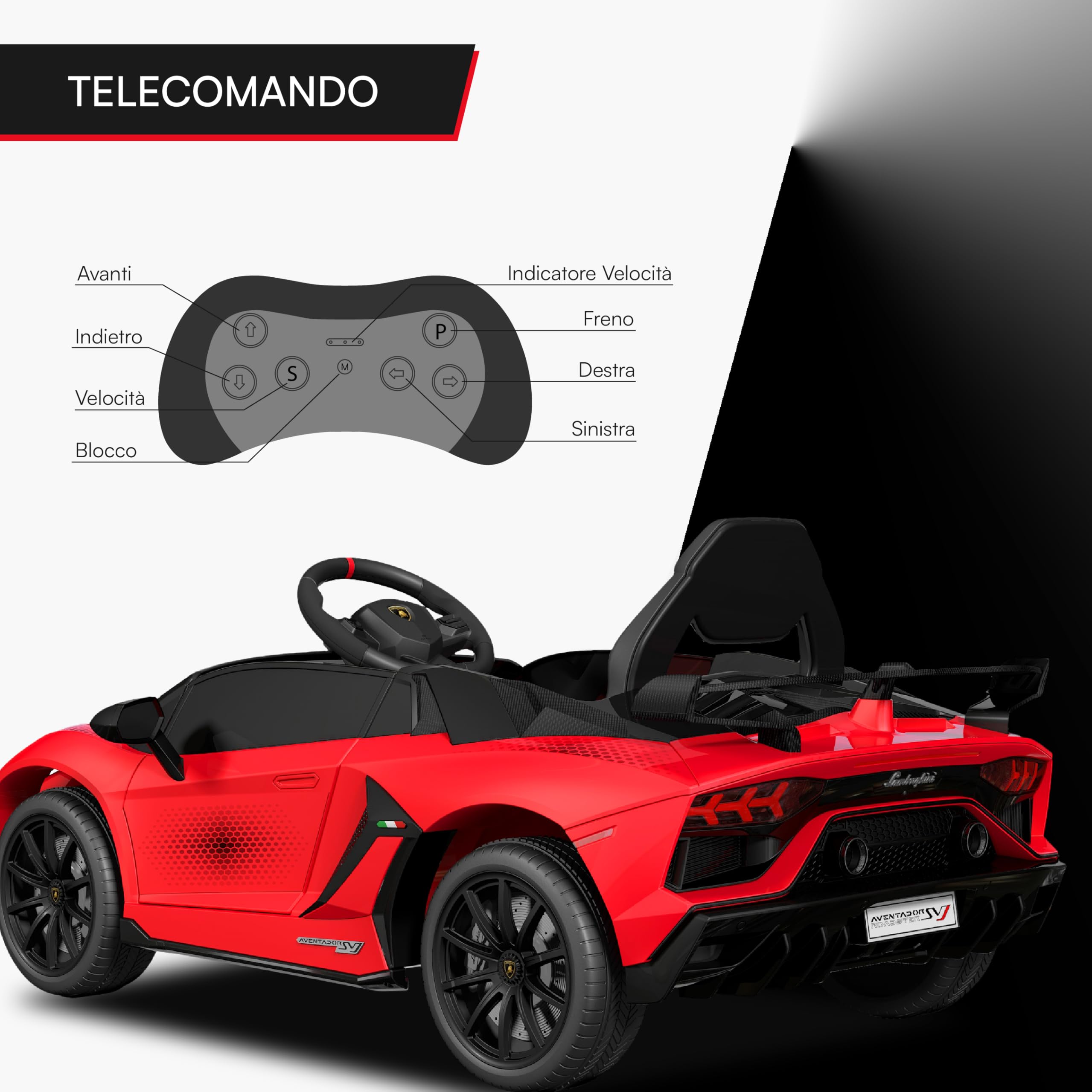 Baroni Toys Lamborghini Baby Car Elettrica 6V con Telecomando Genitori, Suoni, MP3, Retromarcia, Auto per Bambini 1-4 Anni, 100x60x50 cm Rossa