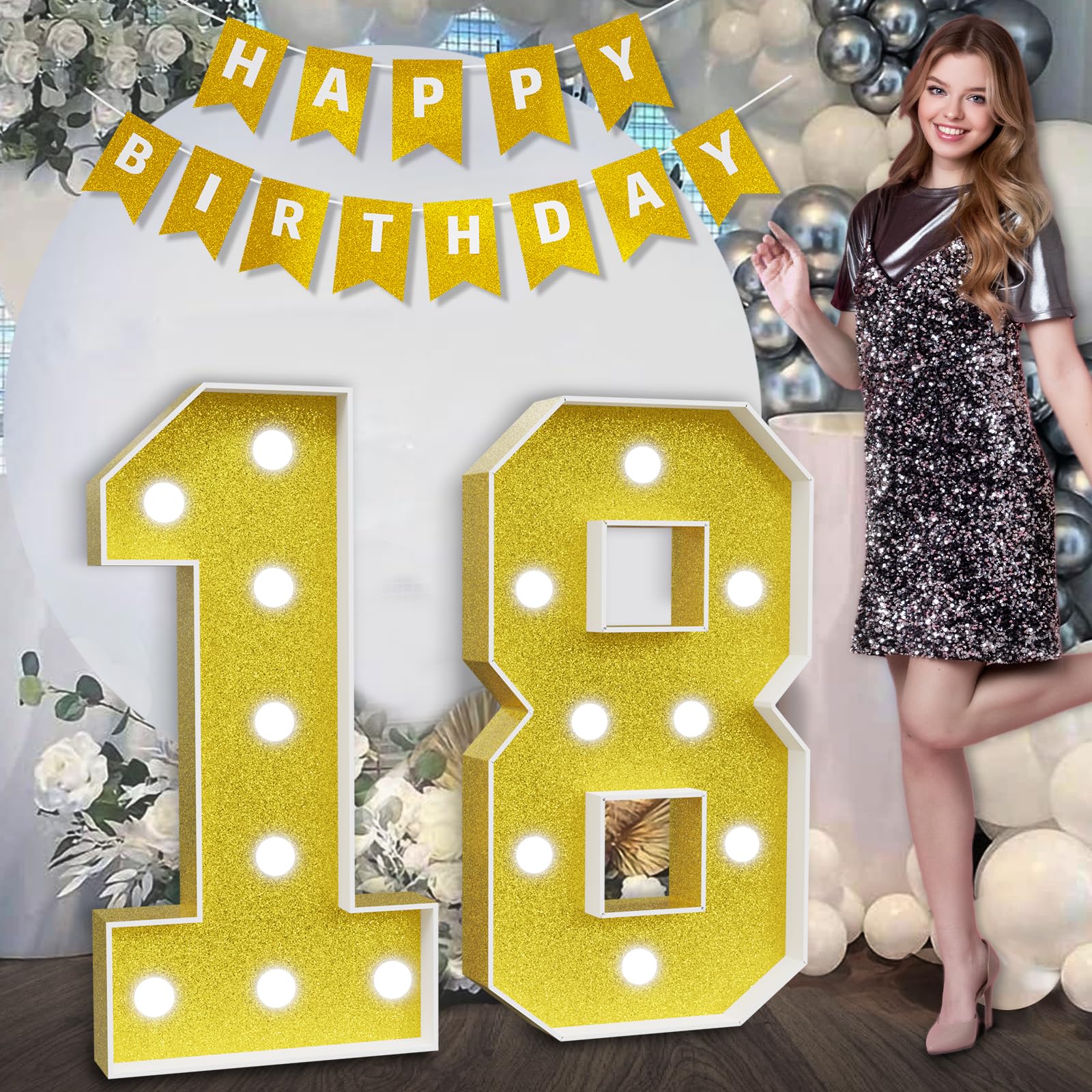 imprsv Marquee Numbers Gold 18th-Birthday Decorations: Large 3ft Light Up Number 18 Birthday Decoration for Boy Girl 18 Year Old Teen Birthday Party