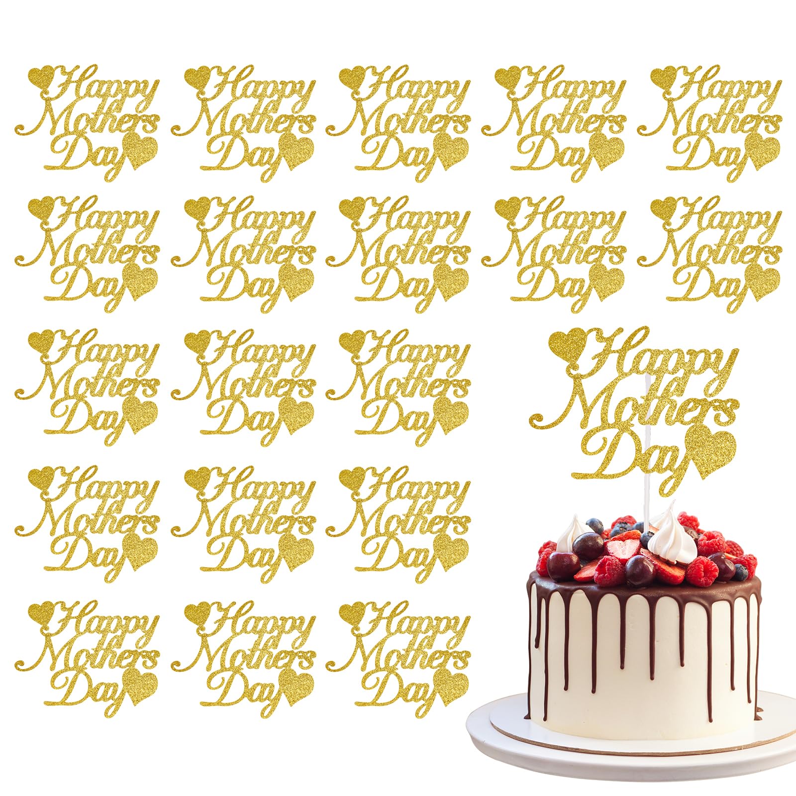 Photo 1 of 20 Pcs Happy Mother's Day Cake Toppers Glitter Cupcake Topper Mother's Day Cake Topper for Mother's Day Birthday Party Decoration Supplies