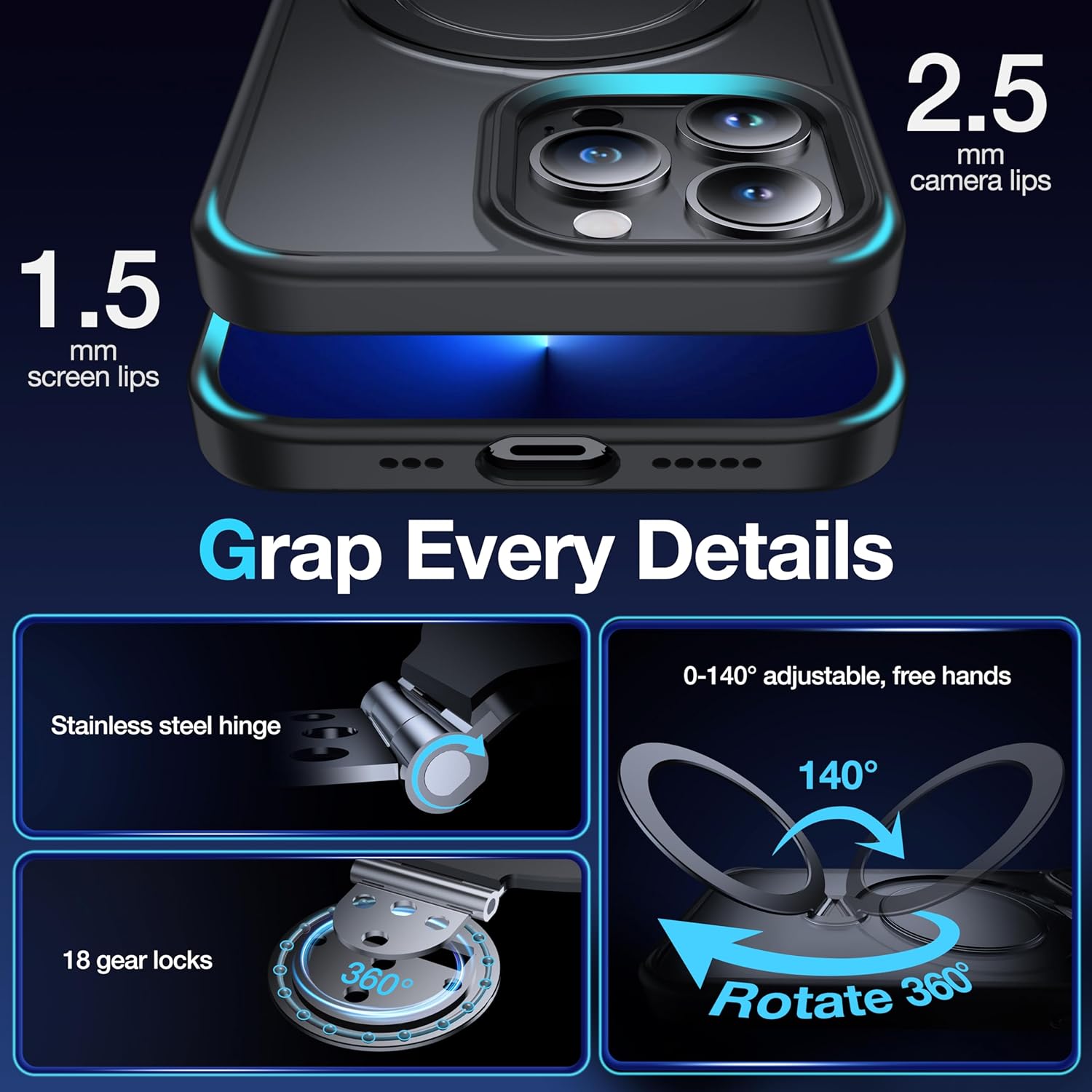 360°Rotatable Magnetic Ring for iPhone 13 Pro Max Case Compatible with MagSafe [Non-slip Texture Edge][Built-in Kickstand][Military Shockproof]Translucent Matte Soft Silicone Bumper Slim,Black - Image 5