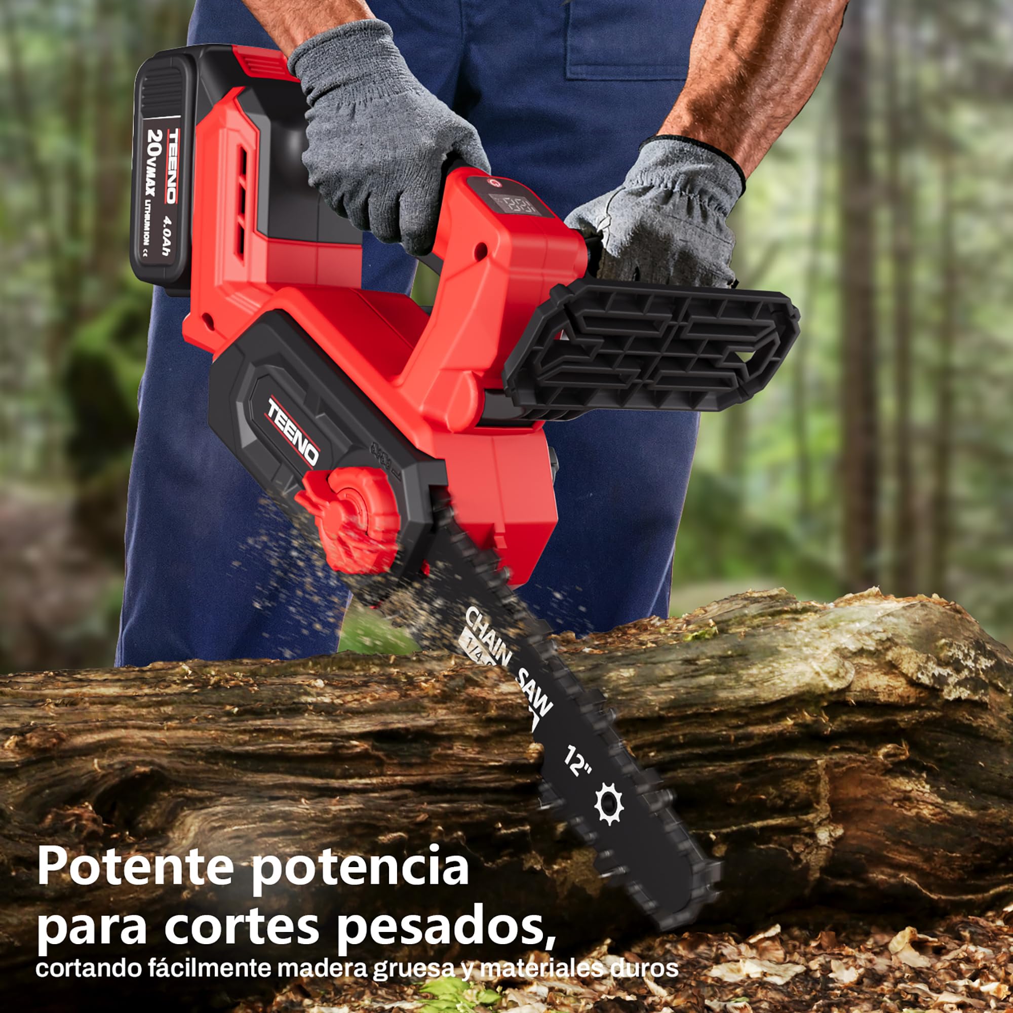 Motosierra a Batería 12 Pulgadas, 1200W Brushless Sierra Eléctrica Inalámbrica con 2 Baterías 4.0Ah y Cargador, Tensado de Cadena sin Herramientas, Corte de Madera y Poda de Árboles