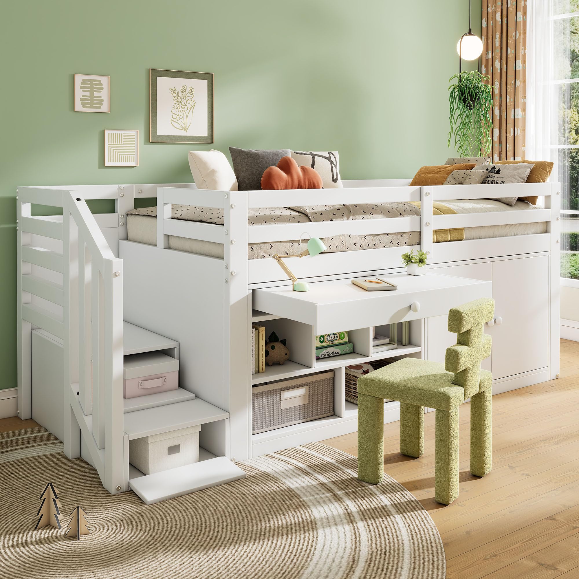 Hochbett 90x200 cm, Kinderbett mit Schrank, Treppe mit Stauraum, Funktionsbett mit Schreibtisch, Etagenbett Stockbett Jugendhochbett, ohne Matratze, Weiß