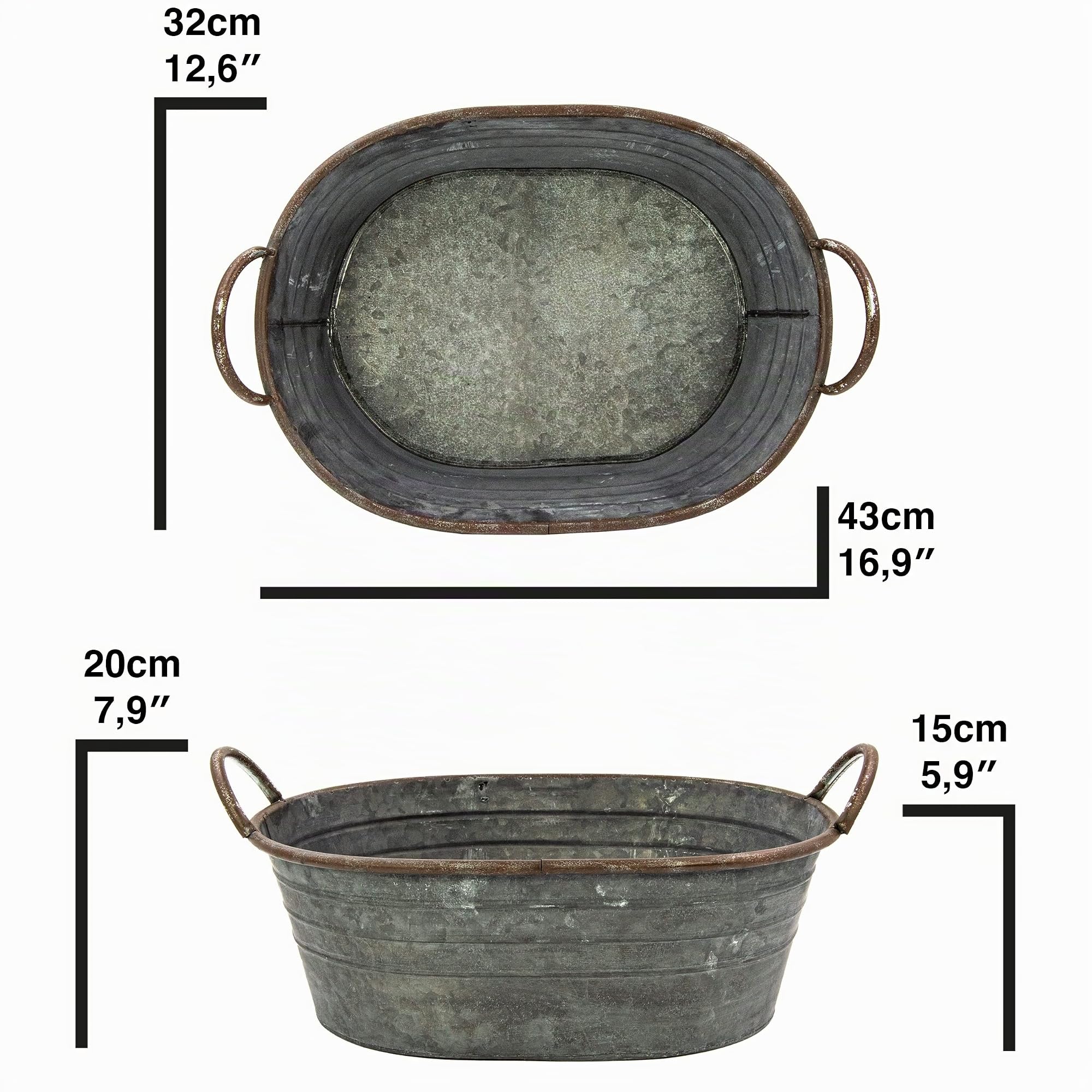 Baignoire galvanisée - Bol pour plantes - Décoration de jardin extérieure - Décoration de mariage - Pot de fleurs - Grand pot de fleurs (44 cm)