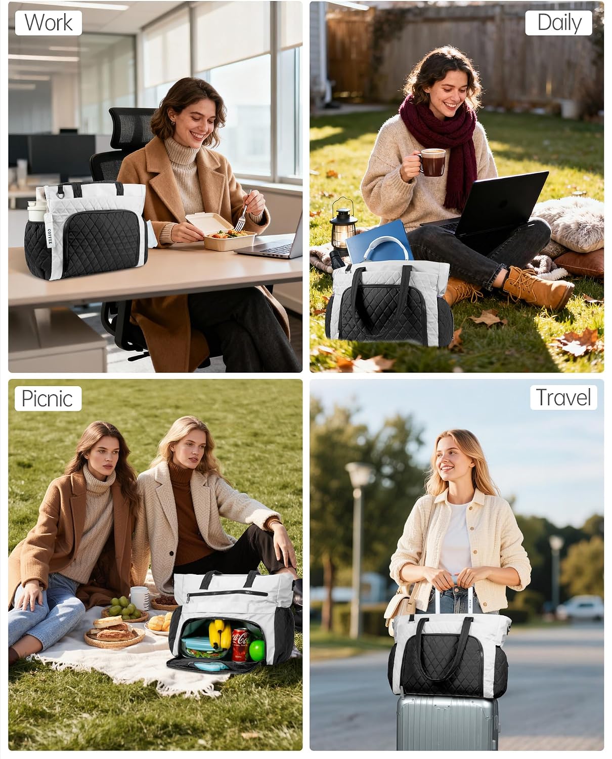 Lunch Tote Bag for Women, 15.6" Laptop Tote Bag with Insulated Lunch Compartment, for Office Work Teacher Picnic Nurse (Black White)