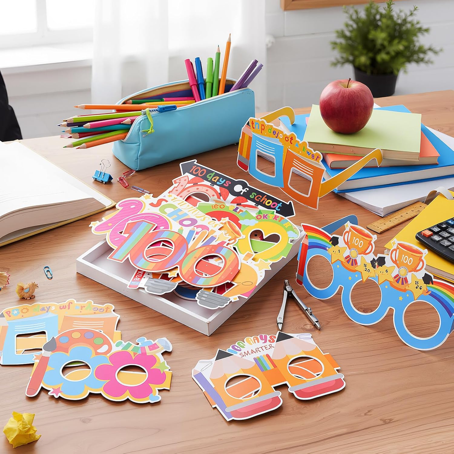 32 Pcs 100th Day of School Party Decorations 100 Days of School Paper Eyeglasses Back to Classroom Photo Booth Props for Kids Students Kindergarten Preschool Primary Party Favor Supplies