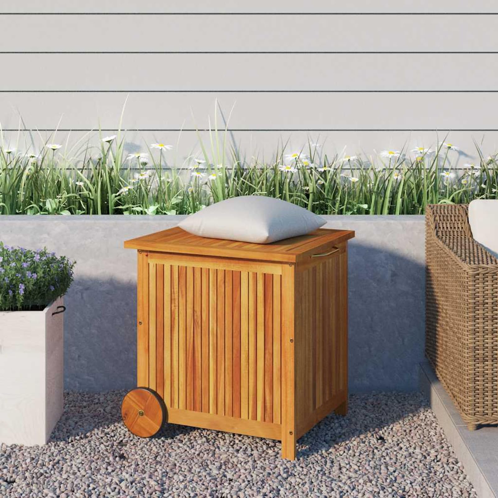 Gecheer Scatola portaoggetti da giardino con ruote, 60 x 50 x 58 cm, in legno di acacia, per esterni, organizer per attrezzi da giardino, cassapanca per cuscini per balcone, piscina, terrazza