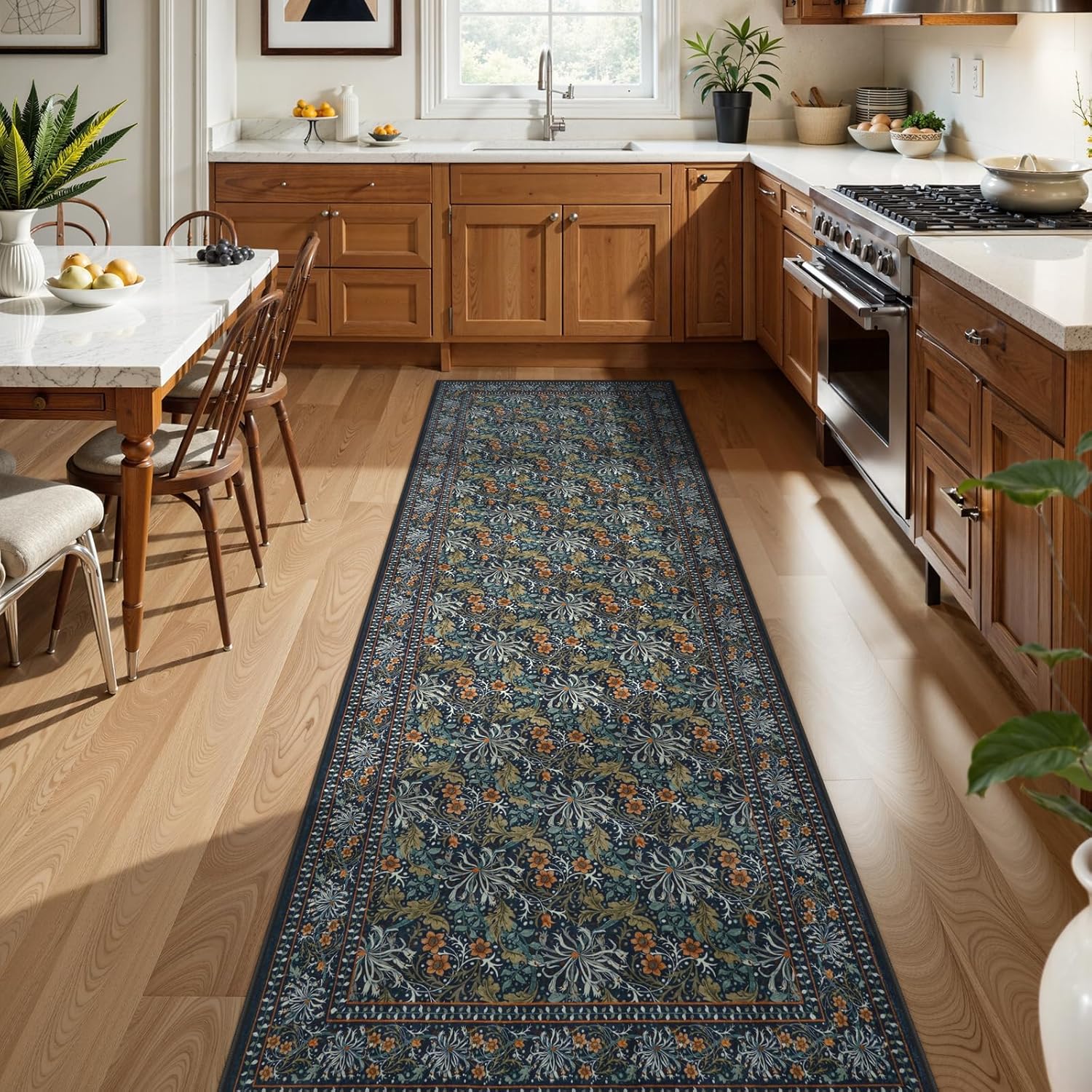 Uphome Botanical Floral Runners for Hallways, 2'6x8 Washable Kitchen Runner Rugs Non Slip, Long Soft Entryway Runner Rug Low Pile, Vintage Floor Carpet for Hallways Bedroom Bathroom, Green/Navy