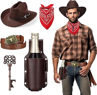 5 Pcs Western Cowboy Outfit for Men Women Hat Belt Bandana Beer Holster with