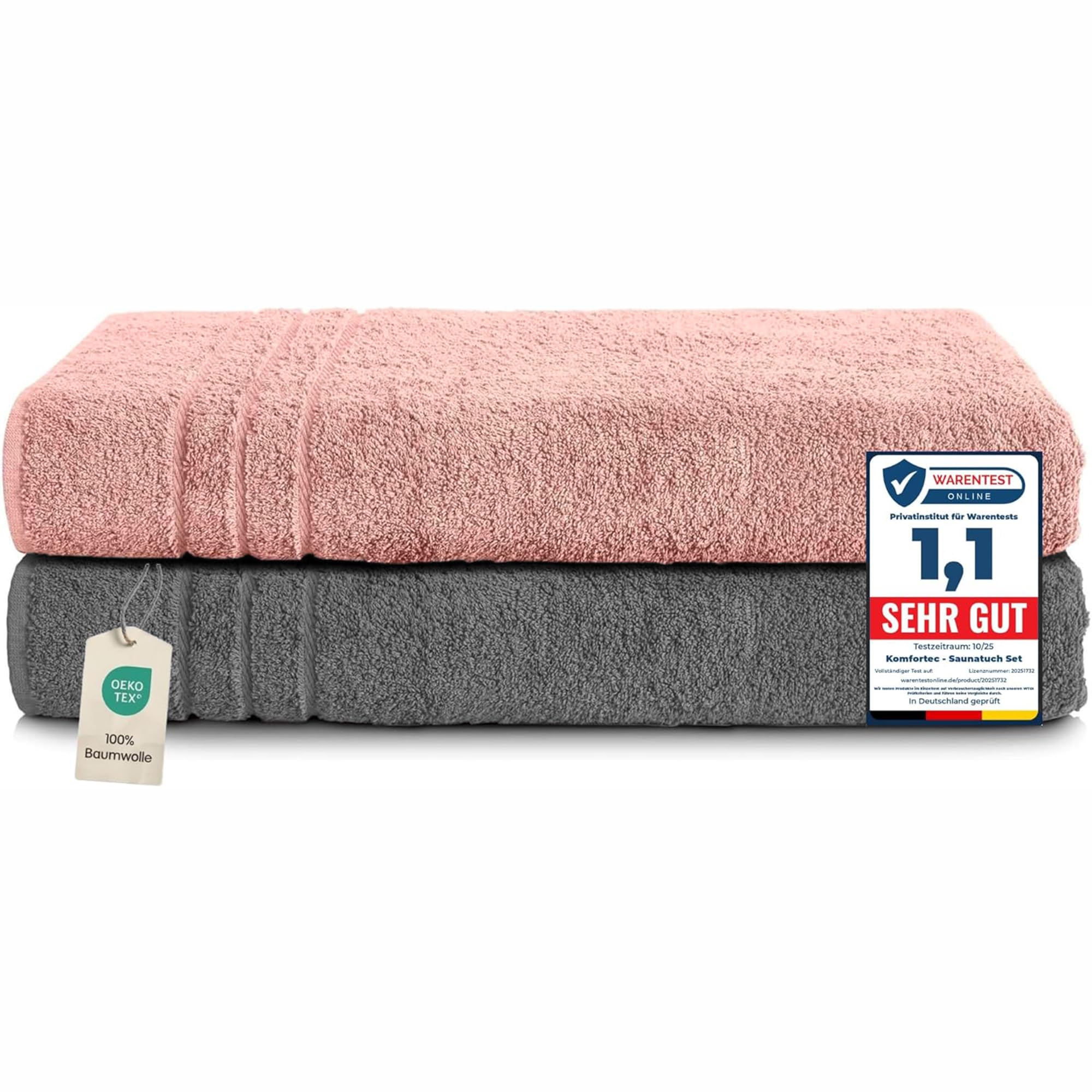 Komfortec 2er Saunahandtuch Set 80x200 cm, Große Saunatücher aus 100% Baumwolle, Sauna Handtücher, Flauschig und Saugstark, Schnelltrocknend, Dunkelgrau/Pink