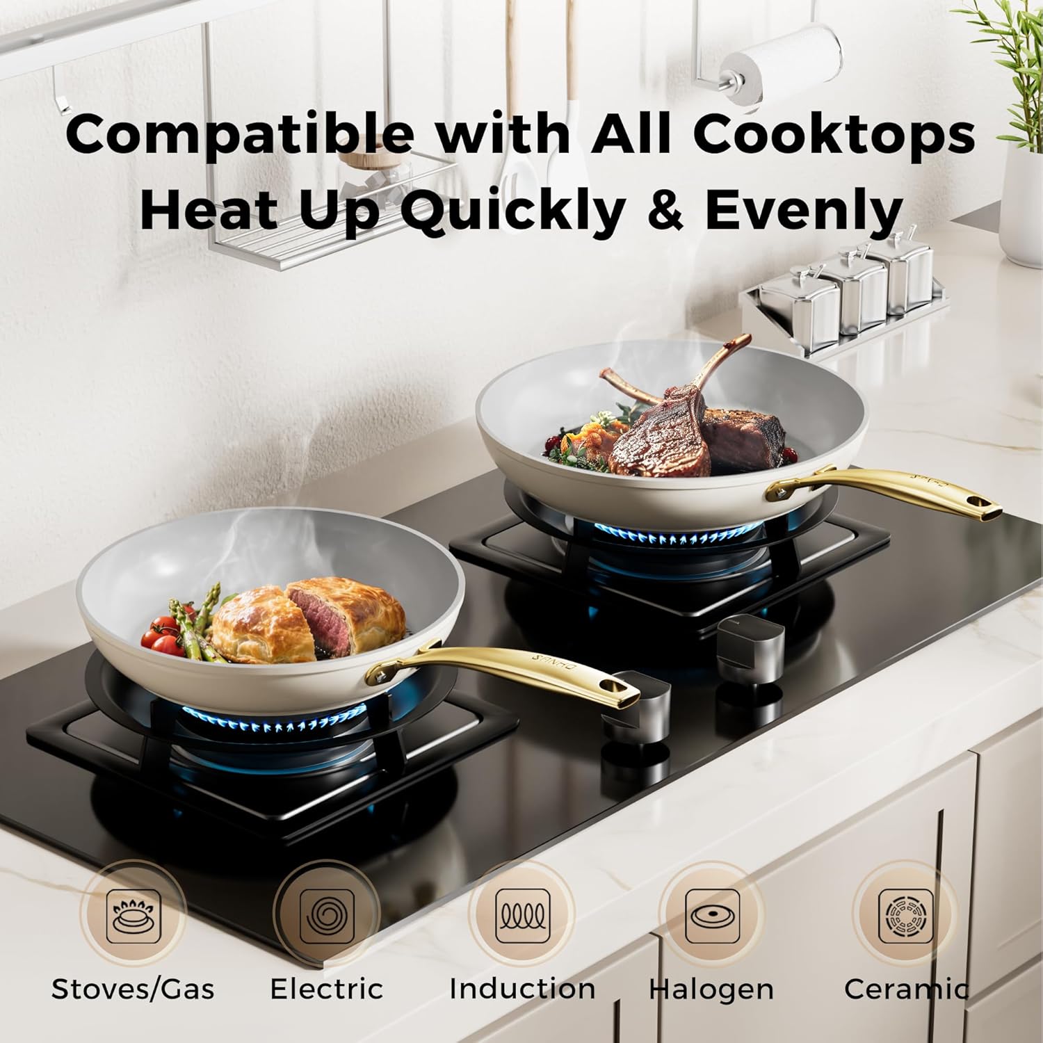 Sanho 2-Piece Nonstick Frying Pan Set (8 & 10 Inch), Diamond-Titanium Ceramic Coating PFAS/PFOA Free, Oven & Dishwasher Safe Skillets, Induction Compatible with Cool Touch PVD Handles