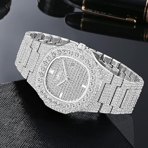 Miniatura 5 de Gosasa Reloj de pulsera unisex de cristal para hombre y mujer, reloj cubano con brillo completo, oblongo de plataoro, reloj de pulsera de acero
