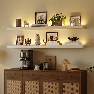 60 Inch White Floating Shelves with Led Light Set of 2 | 12 Inch Deep Solid Wood Long Wall Shelf With Wired Plug-in Warm Led Light Strips For Living Room, Bedroom, Kitchen, Office