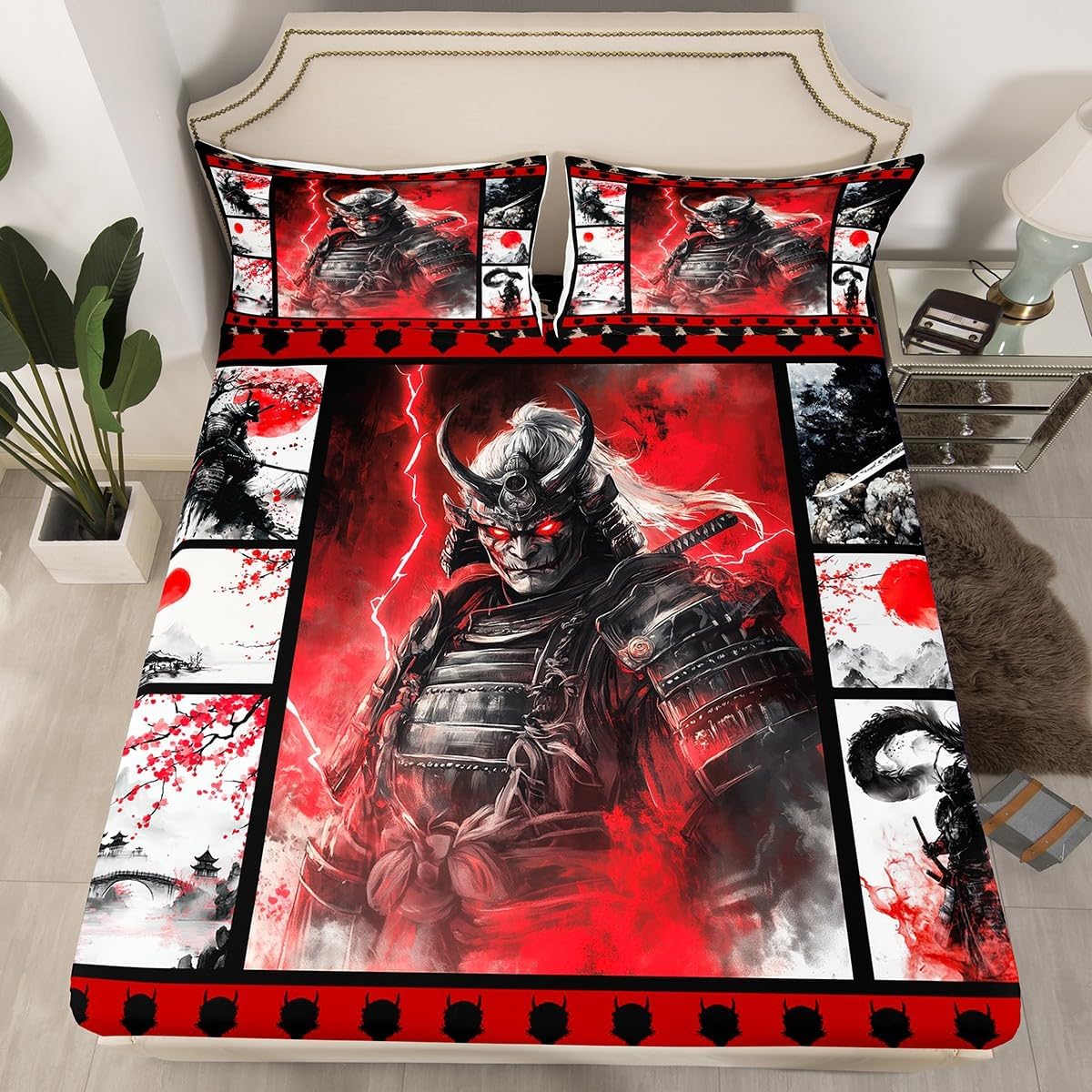 jejeloiu Japanese Samurai Fitted Sheet Twin Size Kids Dragon Bed Sheet Set for Boys Girls Teens Japanese Style Bedding Set Ink Painting Bed Cover Room Decor Bed Set