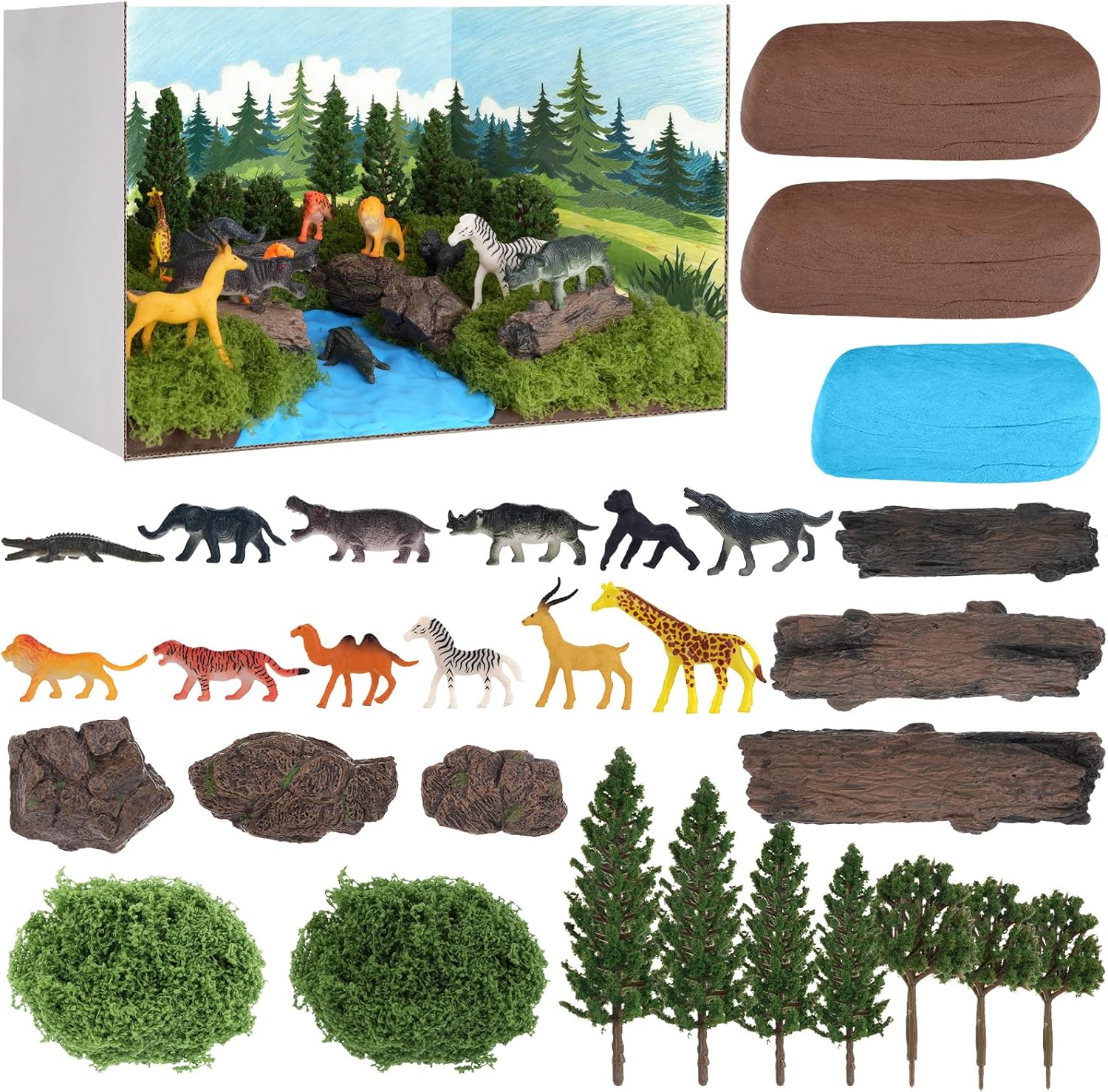 Draupnir 50 Pcs Forest Diorama Supplies Jungle Diorama Kit Forest Animals Figures Habitat Project Box Set Animals Model Scenery Kit DIY Crafts
