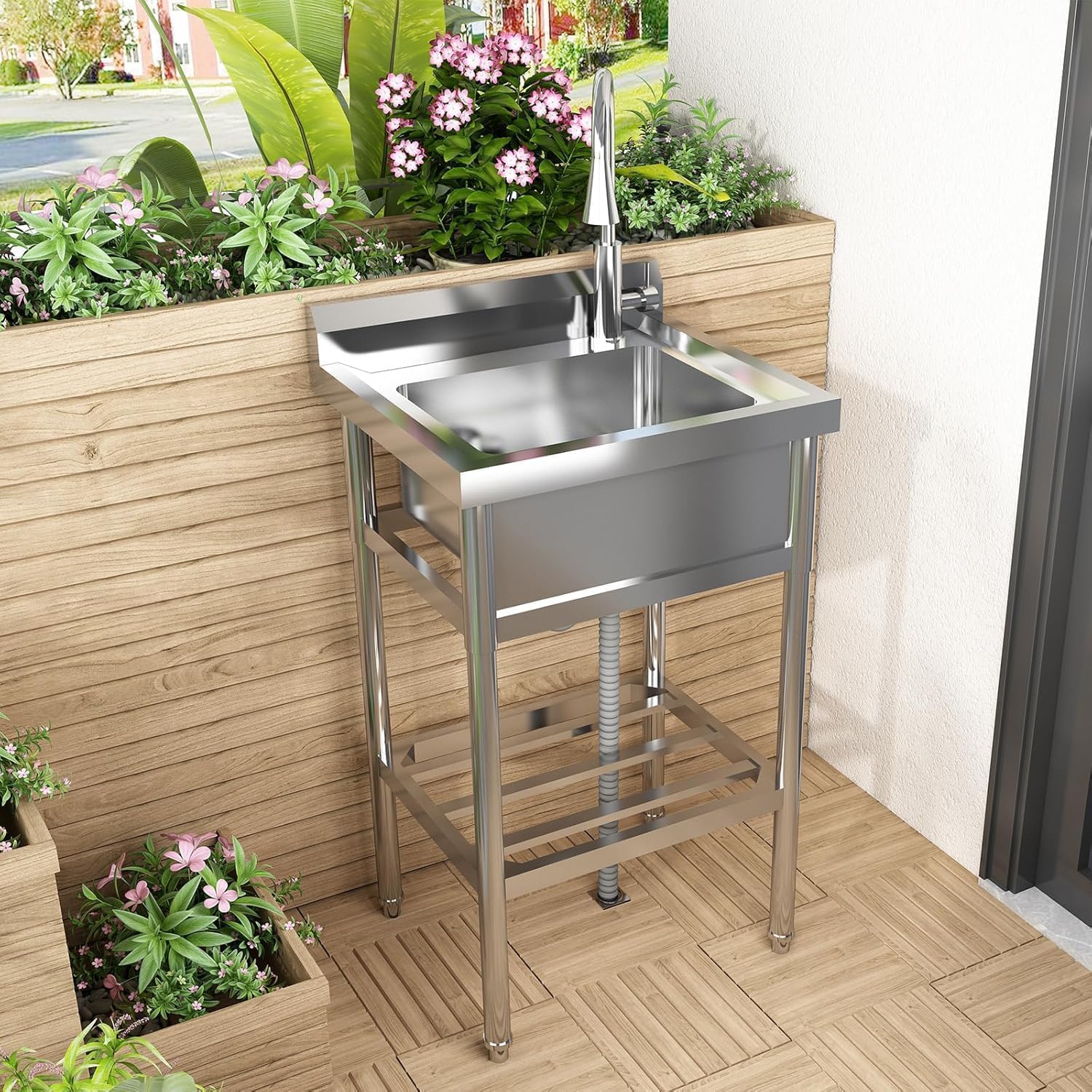 Stainless Steel Utility Sink, Freestanding Single Bowl Laundry Sink with Hot and Cold Water Plumbing & Faucet for Laundry Room Farmhouse, Kitchen, Bathroom, Garden, Garages, Indoor and Outdoor
