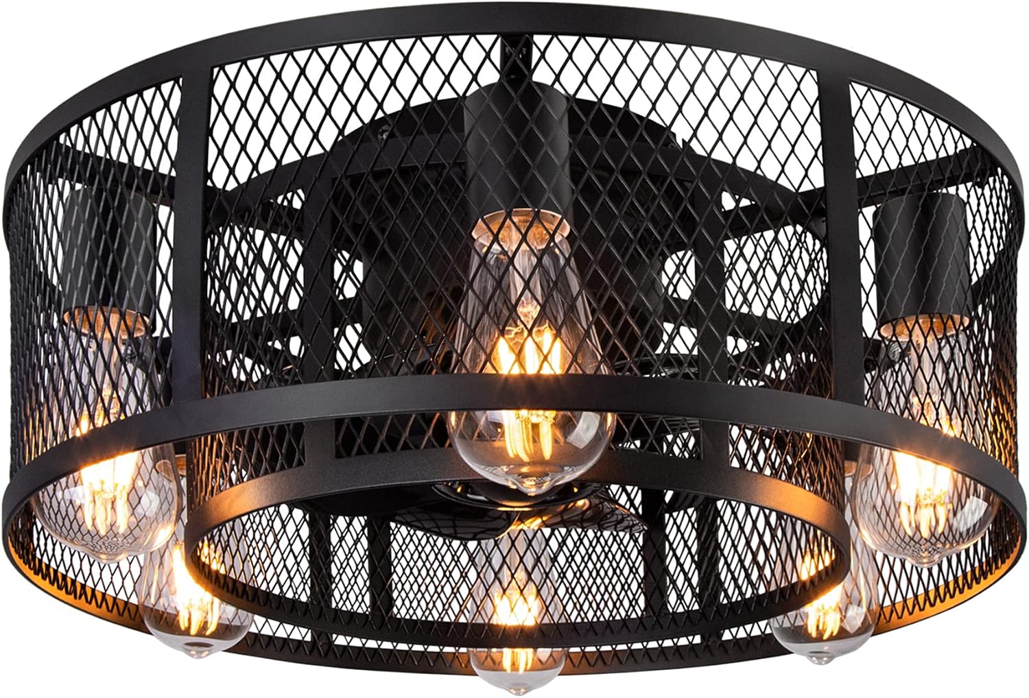 Ohniyou Cage Ceiling Fan with Light, 21 Inch Farmhouse Low Profile Ceiling Fan with Light Remote Control, Industrial Flush Mount Bladeless Ceiling Fan with Lights for Kitchen Bedroom Living Room