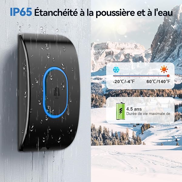 TECKNET Sonnette sans fil exterieur etanche, IP65 Etanche Carillon 400 Mètres, 60 Mélodies et 5 Niveaux Volume, Kit d'un Récepteur et d'un Emetteur, Voyant LED pour Maison, au Salon, au Bureau- Noir - 4
