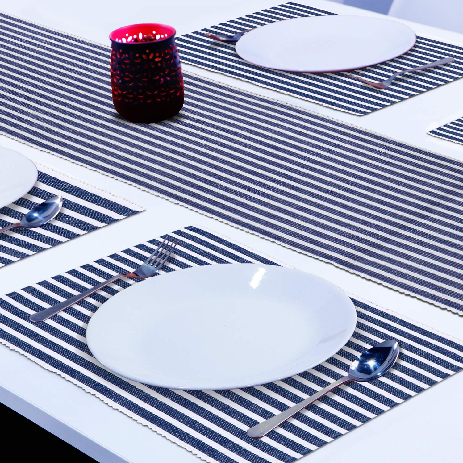 HOKIPO Blue Ribbed Placemats & Table Runner -3
