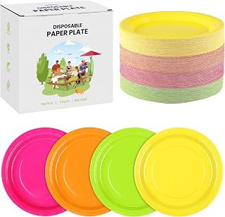 Kochorie 150 Pieces Neon Paper Plates 7 Inch Bulk Disposable Solid Color Dinner Plates Heavy Duty Round Dessert Supplies for Birthday Wedding Holiday Bridal Shower Party Supplies