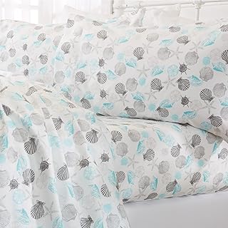 Great Bay Home Printed Coastal Microfiber Bed Sheets. Wrinkle Free, Deep Pockets, Beach Theme Sheet Set. Newport Collection (Queen, Seashell)