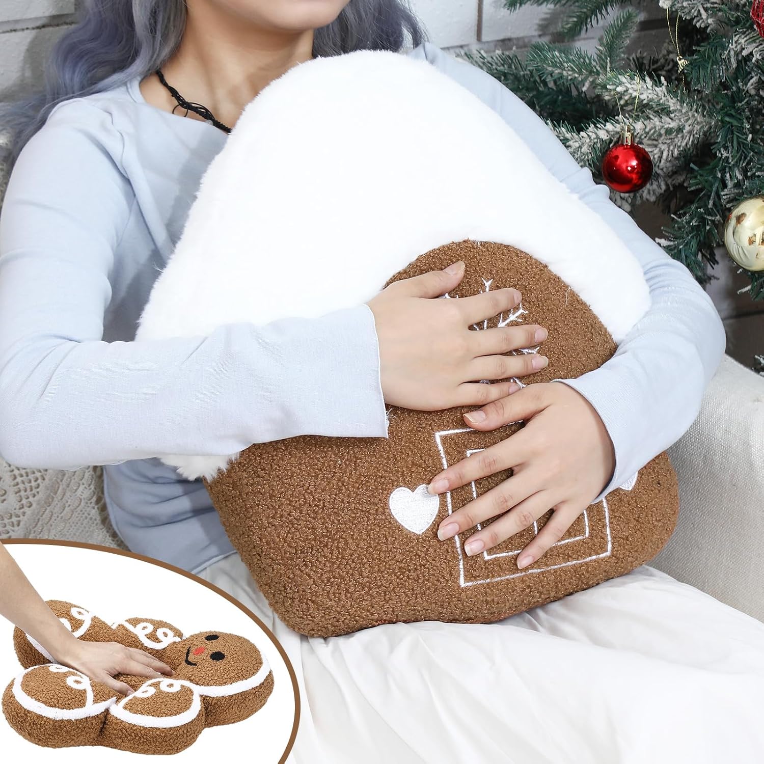 Marsui 3 Pcs 16 x 18 Inches Christmas Throw Pillows Gingerbread House Xmas Tree Gingerbread Pillow 3D Decorative Sofa Cushion for Bedroom Home Christmas Ornaments Party Gift Outdoor Decoration