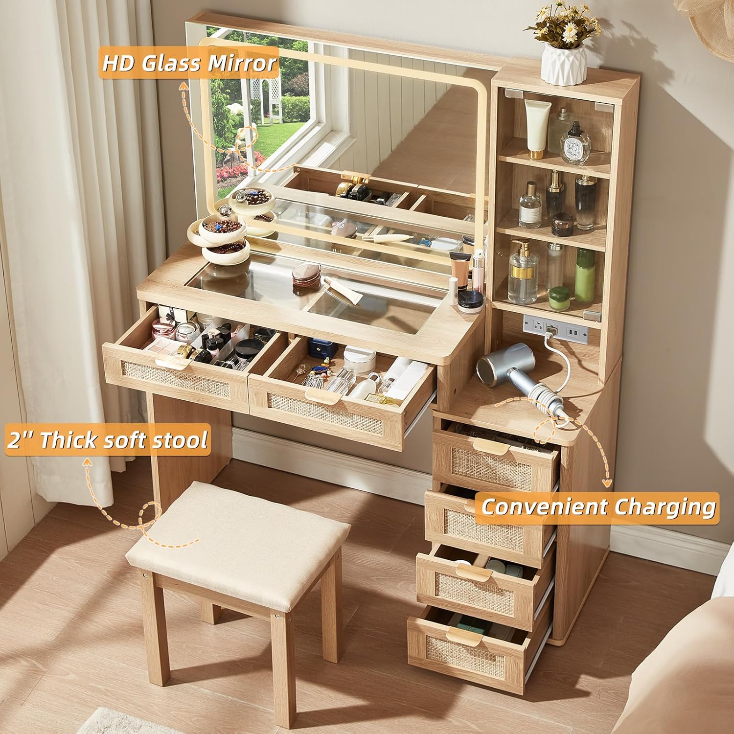 LEYAOYAO Fluted Makeup Vanity Desk with Mirror and Lights, 43.5'' Blue Vanity Table with Glass Top and Power Outlet, Make Up Vanity with 6 Drawers and Adjustable Shelves for Bedroom