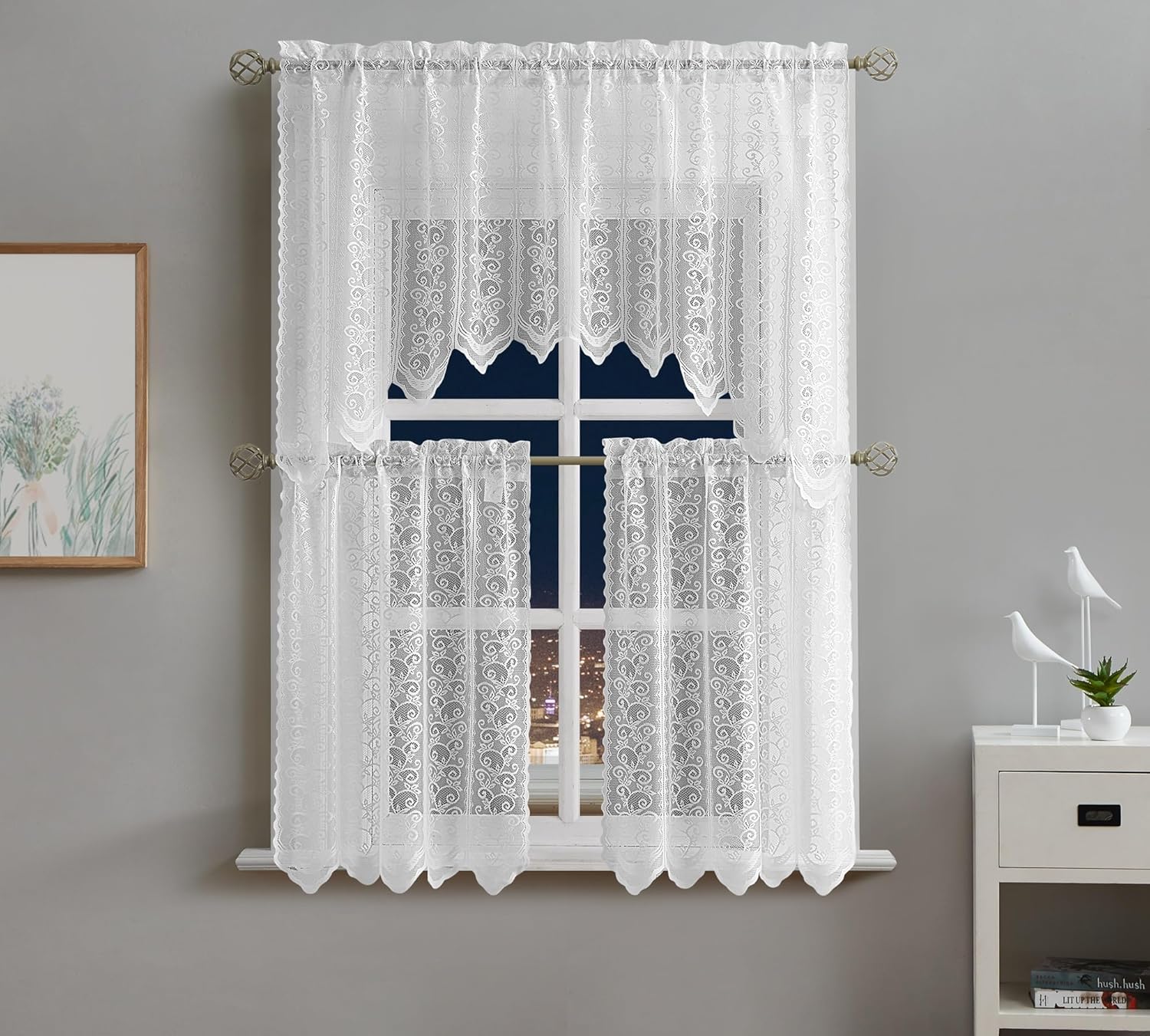 LinenZone White Lace Kitchen Curtains 3 Piece Set Includes Floral Paisley Valance and a Pair of 24 Inch Tiers. Lace Cafe Curtains for Farmhouse, Vintage & Retro Decor. (Riba 24" Set, White)