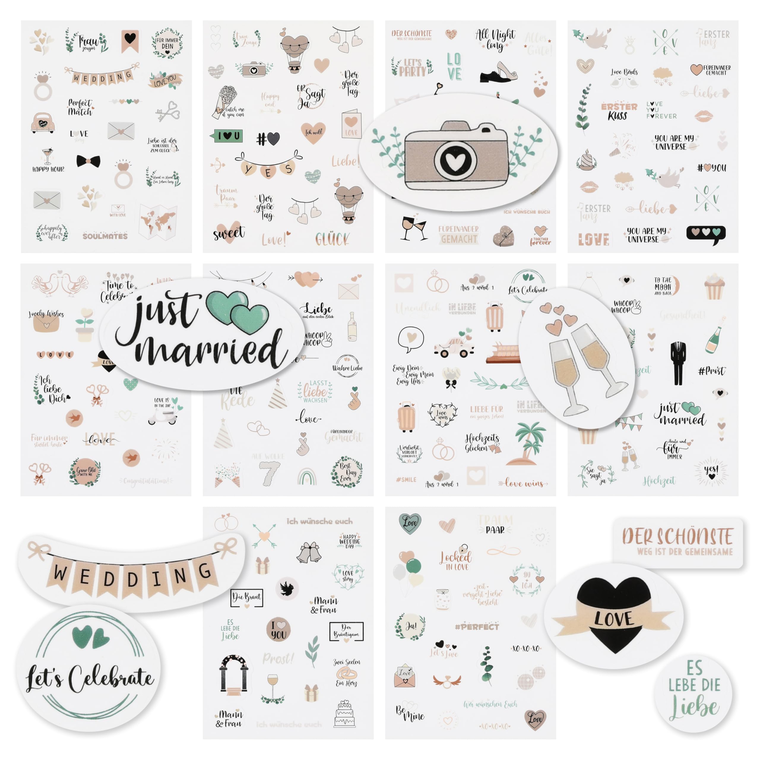 CraftWerk Pegatinas de boda para libro de visitas, 250 unidades, pegatinas para álbum de fotos y álbumes de recortes, pegatinas de boda como decoración con corazón y amor