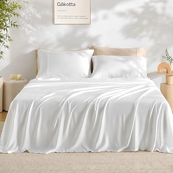 GOKOTTA Queen Size Bed Sheets 4 Piece Set, FSC Certified Rayon Derived from Bamboo, Luxury Breathable and Silky Soft Sheets, Deep Pocket 16" Fitted Sheet with Elastic Corner Straps -Bright White