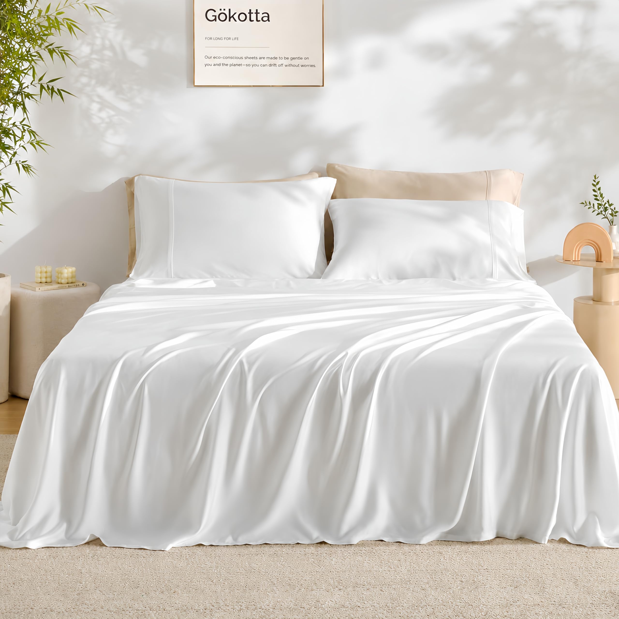 Photo 1 of GOKOTTA King Size Sheets Set 4 Piece, 100% FSC® Certified Rayon Derived from Bamboo, Luxury Breathable and Silky Soft Sheets, Deep Pocket 16" Fitted Sheet with Elastic Corner Straps, Bright White